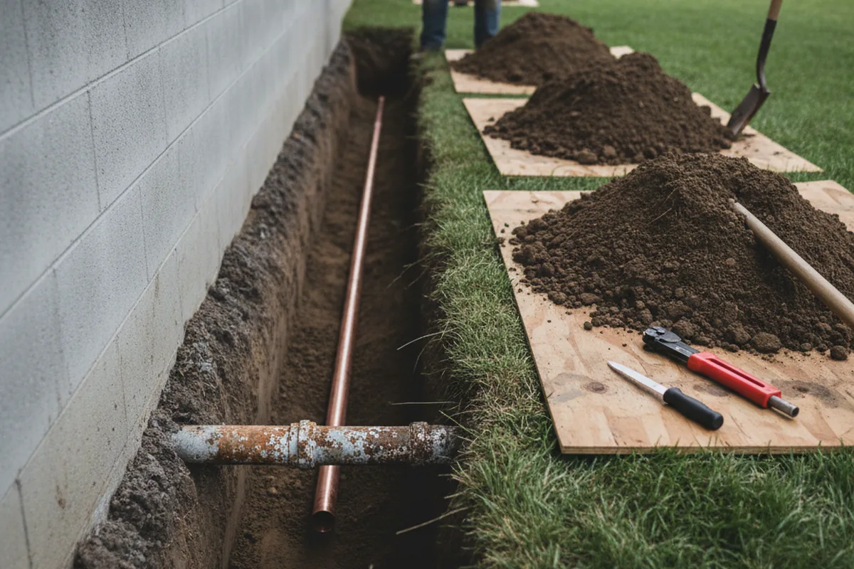 Excavated water line trench during Sewer Line Repair in Dansville